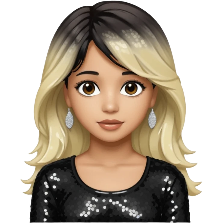 Camila Cabello from Fifth Harmony with long dark brown with platinum blonde highlights hair, black sequin outfit emoji