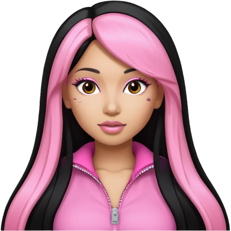 Nicki Minaj long black hair with pink highlights, pink outfit emoji
