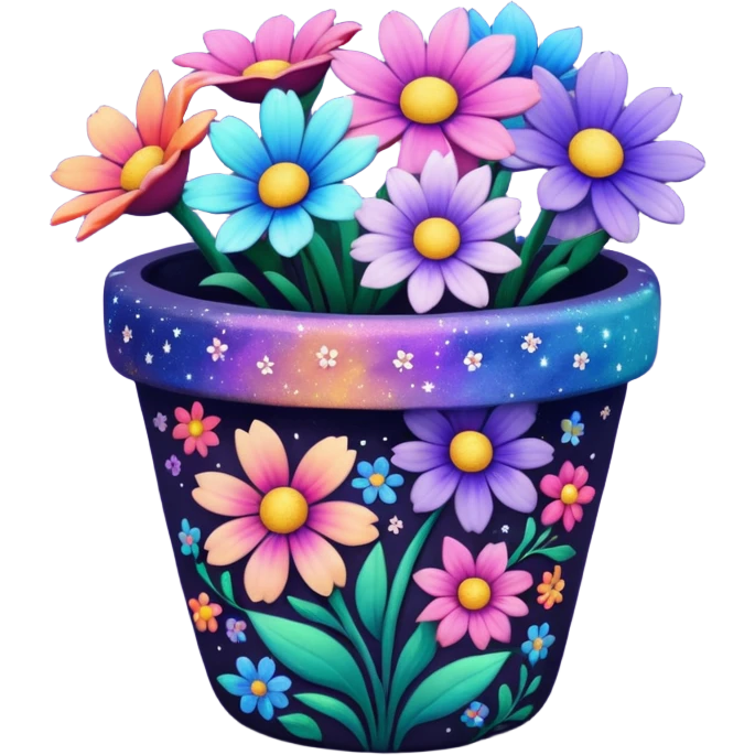 Galaxy Painted flower clay pot of Galaxy Colored Petalled Flowers, emoji