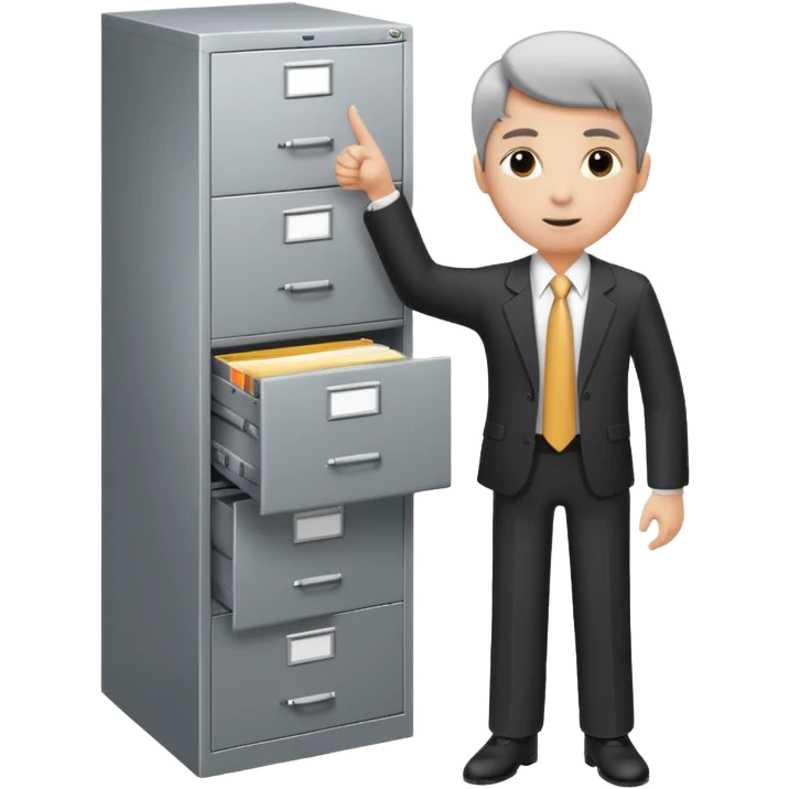 A person in business attire pointing to a tall filing cabinet, indicating document organization. emoji