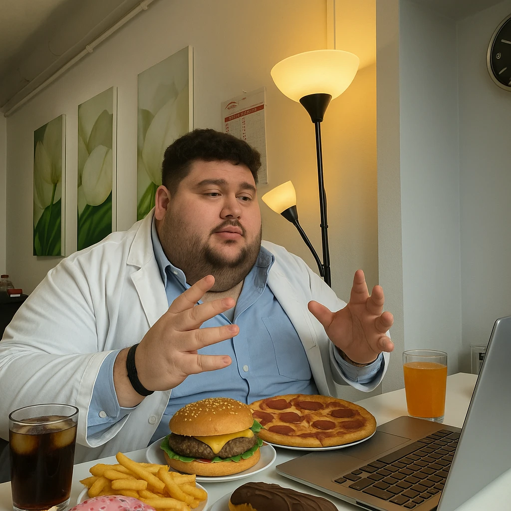 Create a hyperrealistic 4K image of the same person from the reference photo, but in a fat and obese version, sitting at the same table with a huge, indulgent, and caloric meal including hamburger, fries, pizza, desserts, and drinks. The atmosphere and environment should be realistic and similar to the reference photo. emoji