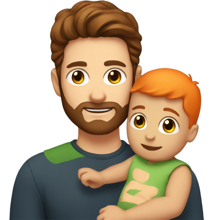 A guy with green eyes and dark brown hair and orange beard holding a baby boy emoji