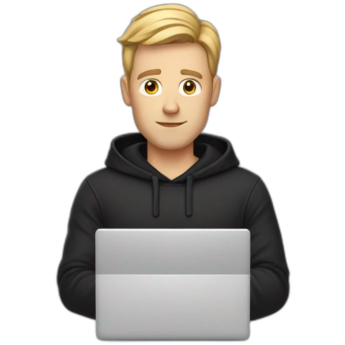 a serious-looking white man wearing a black hoodie behind a laptop emoji