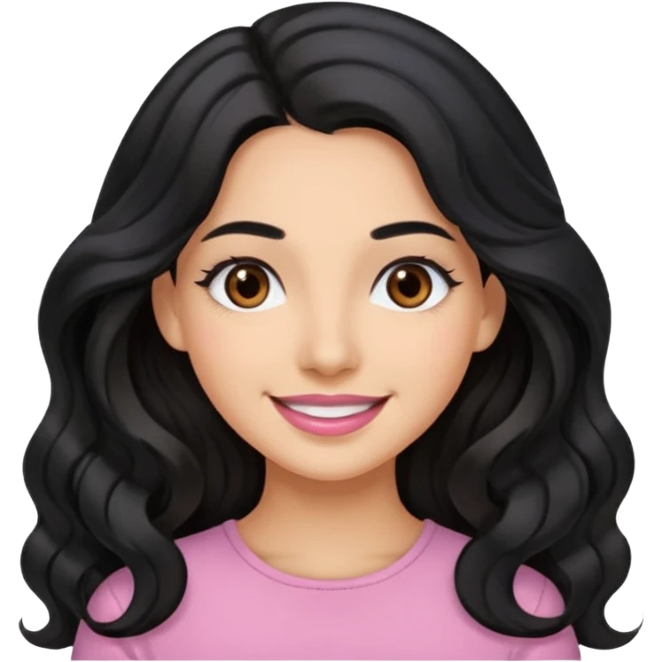 a woman is smile, her hair is long wavy and the color is black, her eyes color are brown and the color of her lip is soft pink emoji