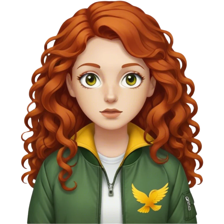 white female with long curly red brown hair with white pieces in the front framing the face, thinner eyes with a small wing eyeliner, wearing a dark green bomber jacket with a yellow long sleeve underneath  emoji