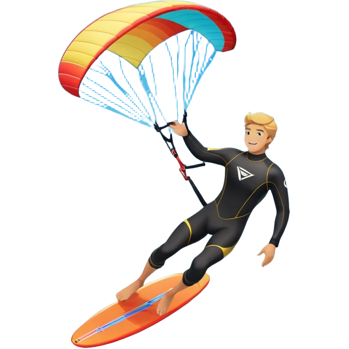 An athlete in a wetsuit, gliding above the waves on a kiteboard, holding onto a paraglider in the sky. The backdrop features a vibrant blue sky and rolling ocean waves, capturing the thrill and skill of the sport with a sense of freedom and adventure. emoji