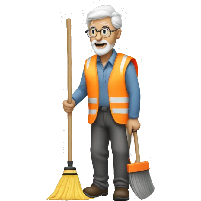 Old man wearing safety vest sweeping emoji
