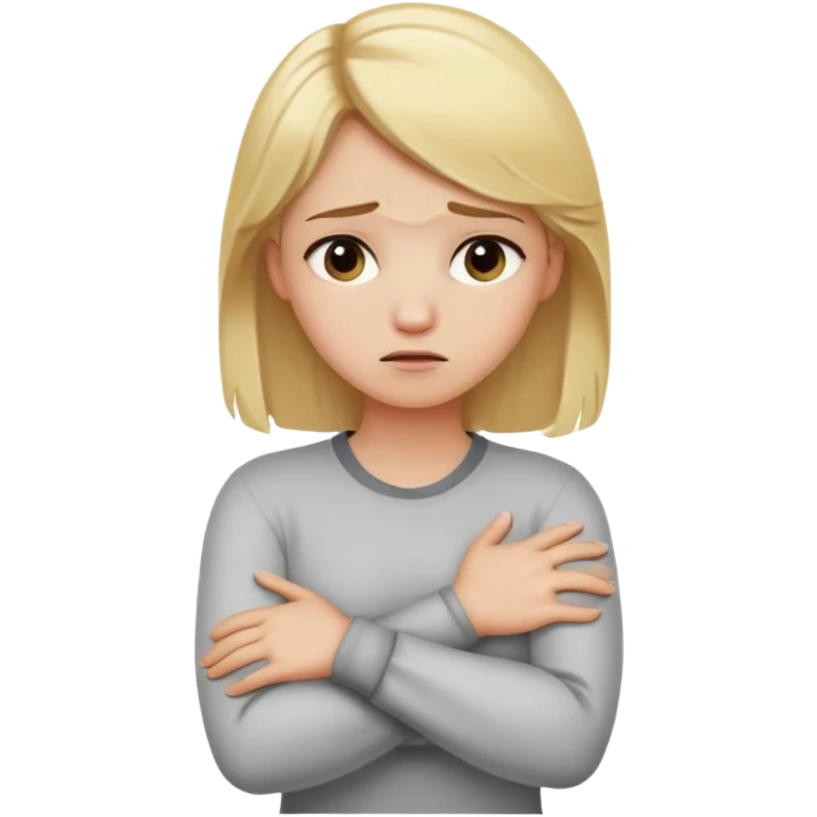 blonde haired girl with arms crossing holding neck upset emoji