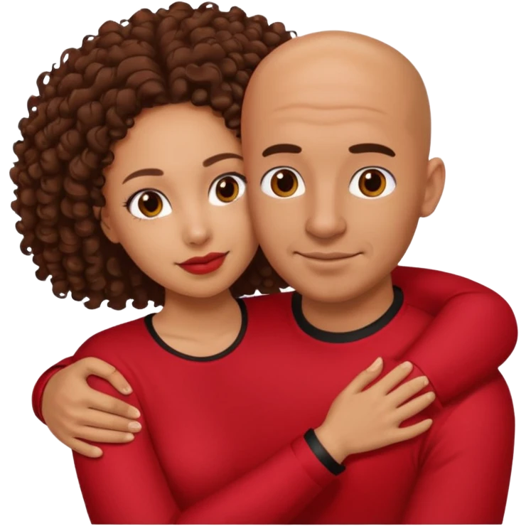 A picture of a tanned couple embracing. the guy is Mexican, with a bald hair cut and he is wearing a red shirt. the girl is mixed, the girl is wearing a black shirt, the girl has brown curly big hair and with big boobs  emoji