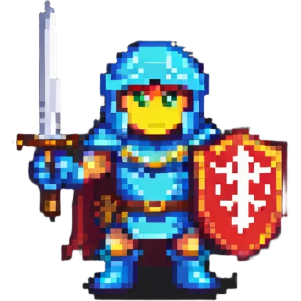 retro 8-bit hero with sword and shield emoji