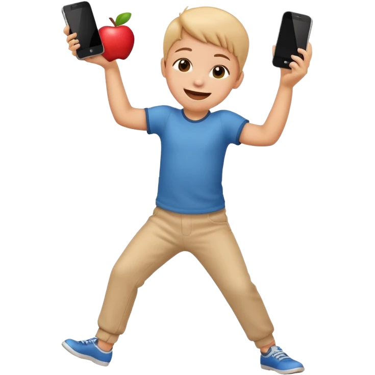 happy child dancing with a phone, leaning back, apple style emoji emoji