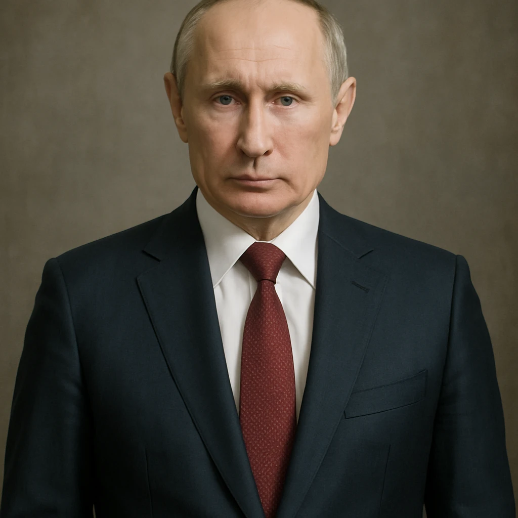 highly realistic photorealistic portrait of Vladimir Putin, serious expression, full upper body visible, centered in the frame emoji