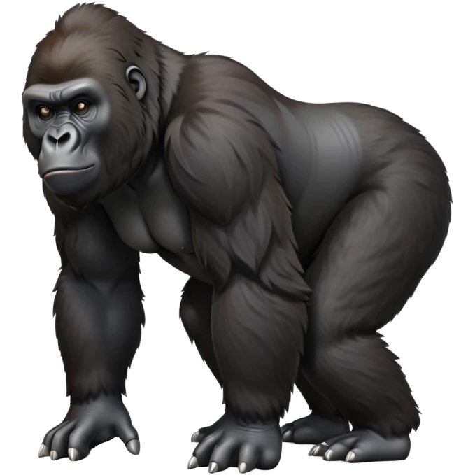 cinematic-gorilla-realistic-full-body-on-all-fours-emoji,-exuding-strength,-thick-dark-fur-in-the-light,-head-tilted-dramatically,-deep-friendly-eyes-filled-with-intense-intelligence,-simplified-yet-realistic-focused-features,-highly-detailed, zoomed out friendly  emoji