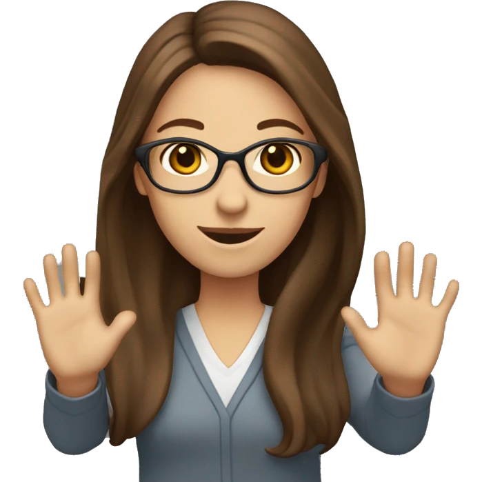 woman english teacher with long brown hair and brown eyes waving hands emoji
