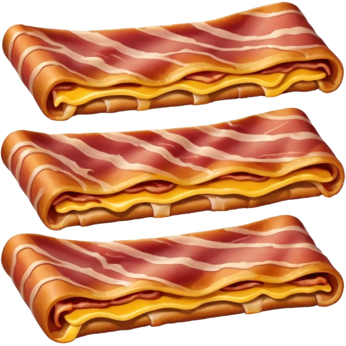one or two strips of bacon, crispy, curled edges, reddish-brown with golden highlights, visible fat, glossy and appetizing, soft lighting, subtle shadows, no plate, no utensils, no faces, transparent background, emoji scale emoji