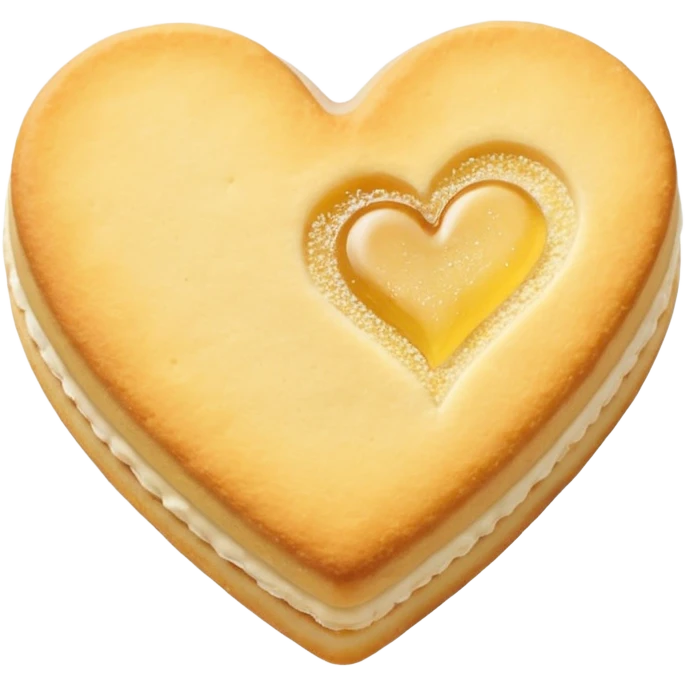 Realistic shortbread cookie in the shape of a heart with yellow pastel jelly middle filling and sprinkled powder sugar on top. emoji