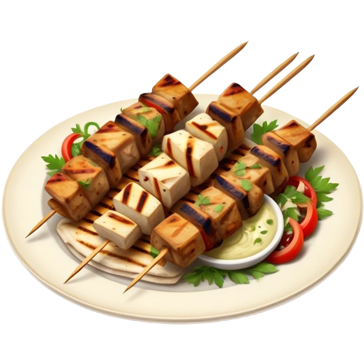 cinematic-realistic-souvlaki-dish-emoji,-showcasing-skewered,-grilled-chicken-with-mediterranean-spices-rendered-with-dynamic-textures-and-warm,-appetizing-lighting on pita bread on a plate emoji
