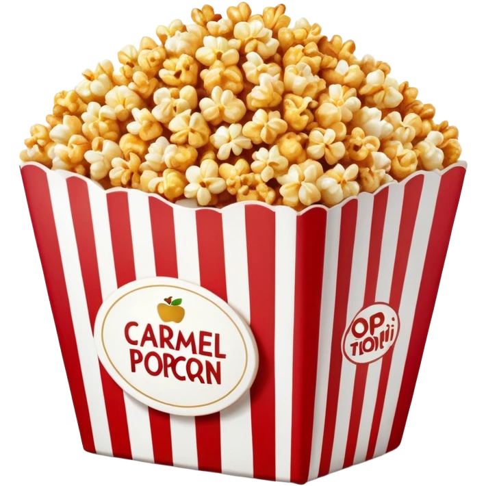 large package of caramel popcorn, red and white vertically striped package with thick stripes, golden brown caramel popcorn visible at the top, no text or labels on package, only stripe pattern, authentic Apple emoji style with glossy finish, prominent package size emoji