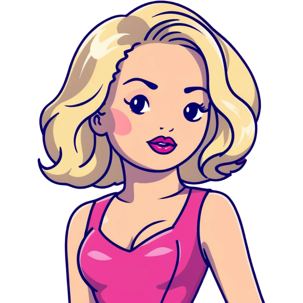 gorgeous woman with platinum wavy blonde hair with big puffy pouting burgundy lips, makeup, wearing a pink leather dress with cleavage, swaying her hips emoji