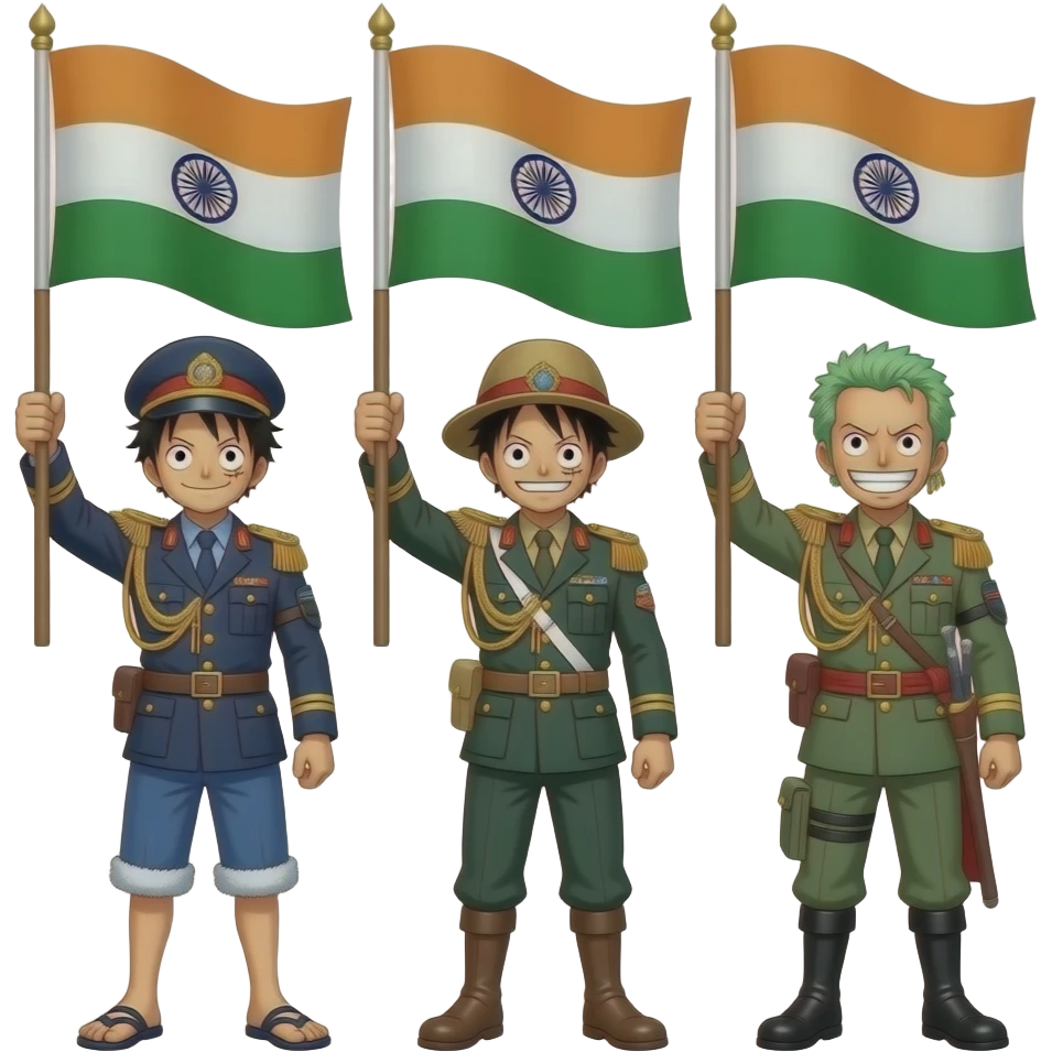 Luffy and sanji then zoro from One piece all three military general has hoisted the Indian flag in Siachen glacier emoji