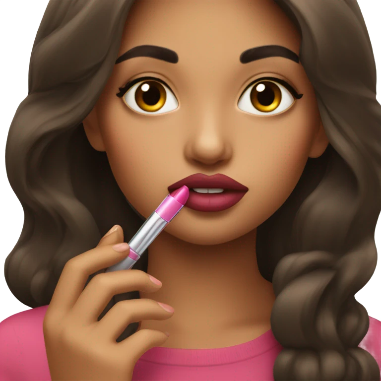 brunette girl putting lipgloss on her lips emoji
