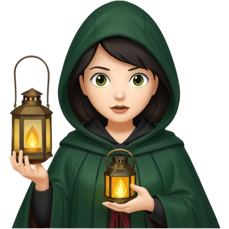 traitor tv show, dark haired woman wearing dark green cloak with hood up who looks evil and is holding up a lantern emoji