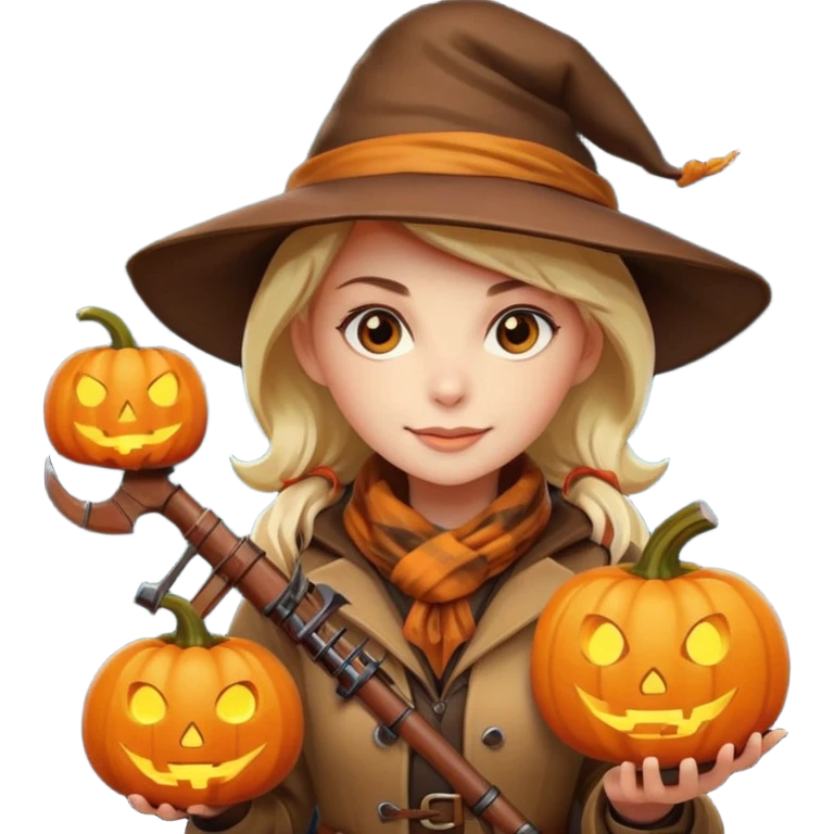 female human monster hunter emoji, wearing brown coat and hat, holding crossbow, soft smile, scarf, glowing pumpkin by her side, Halloween fantasy style, clean vector Apple emoji look, bright colors, white background, square emoji