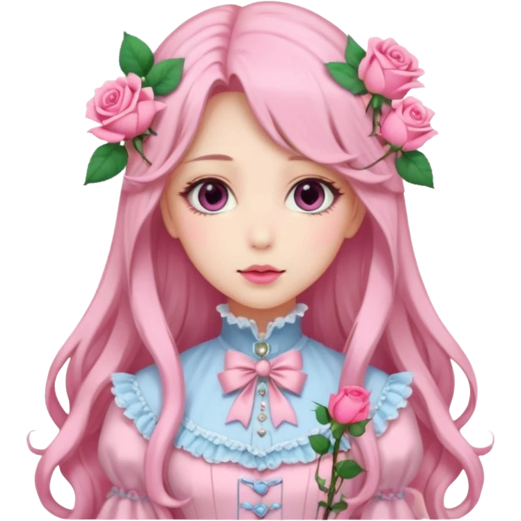 Gorgeous pastel anime lady with long hair and pink victorian style clothes and roses emoji