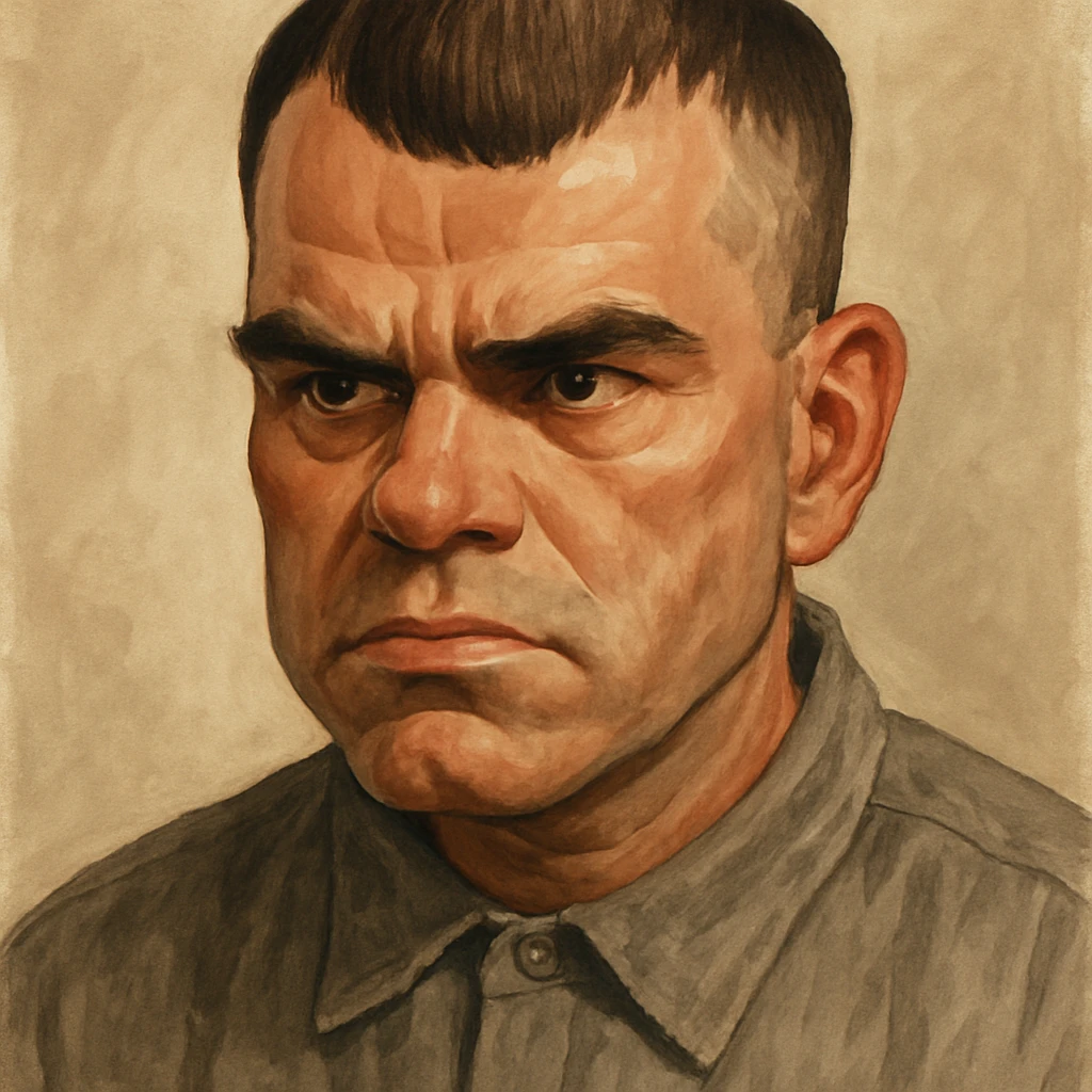stylized character portrait of Carl from Sling Blade, serious expression, recognizable features, neutral background emoji