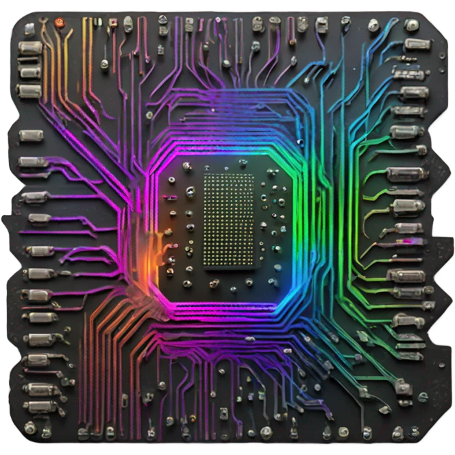 circuit board with rainbow lights, microchip, glowing lights, rgb, black circuit board emoji