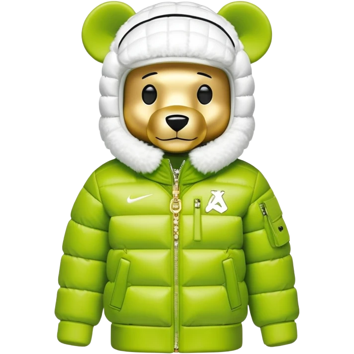 classic geometrical bearbrick with cubic body structure, lime balaclava with built-in single visor lens, Nike logo puffer jacket with luxurious white fur collar and cuffs, designer streetwear, gold chains emoji