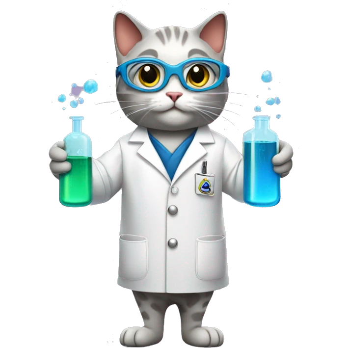 Cat wearing chemistry lab coat goggles and has two flasks with chemicals, one on each hand. show whole body  emoji