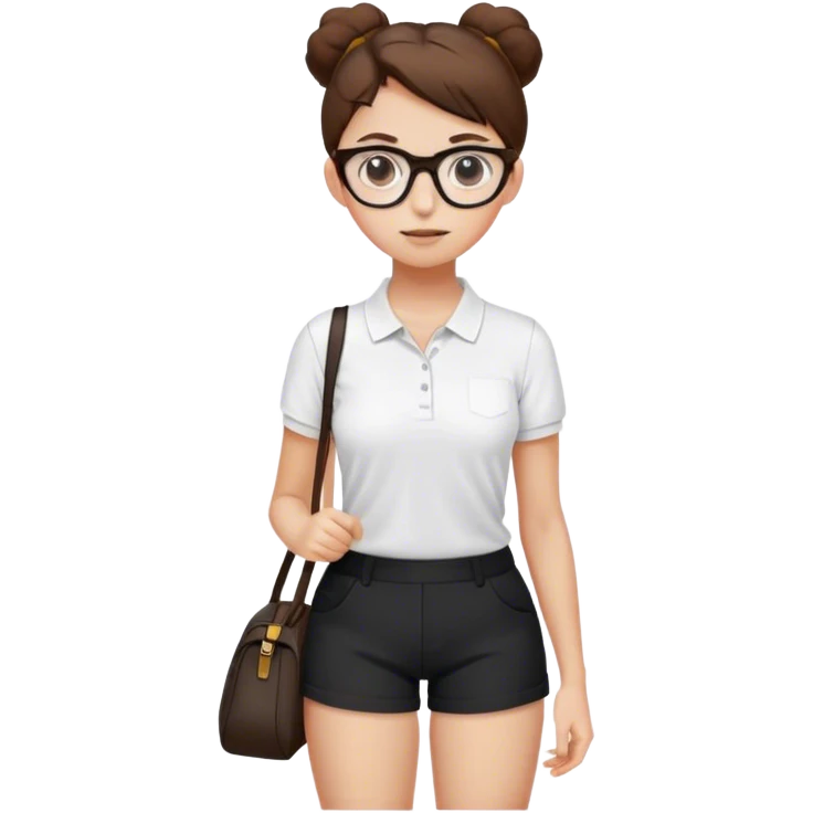 pretty girl white glasses side view white polo black shorts brown hair in a bun, white bag emoji