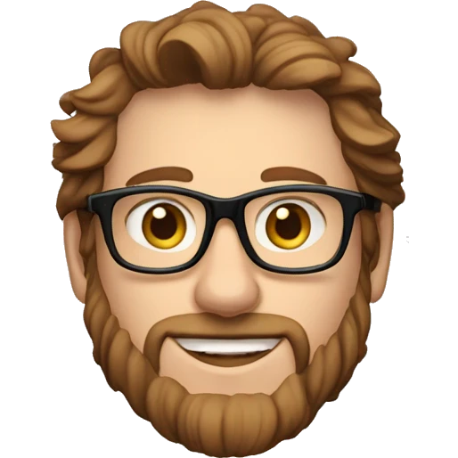 35 year old guy caucasien coming from south of france, brown and curling mid long hair, trend black glasses, smiling, with no moustache and no bear emoji