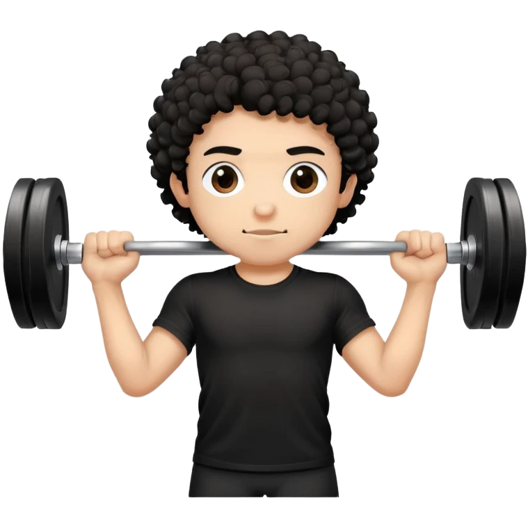 a boy with black curly hair, with black T-shirt is doing barbell training emoji
