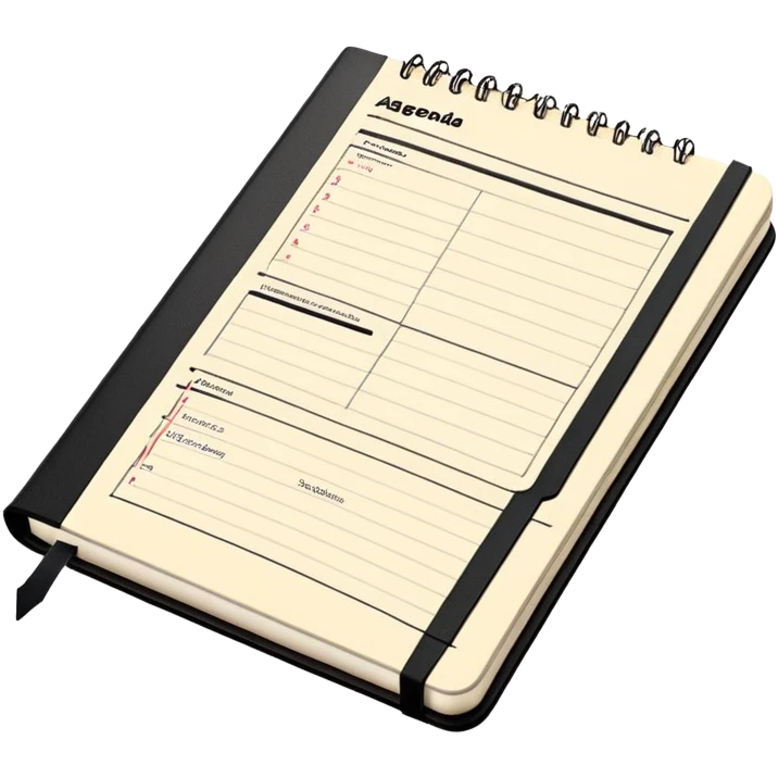A detailed black Moleskine notebook open flat showing an agenda page with bullet points and a meeting schedule emoji