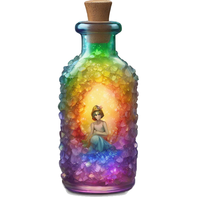 Antique oil bottle made of crystal glass of all delicate colors of the rainbow, a living flower fairy sits at the bottom of the bottle emoji