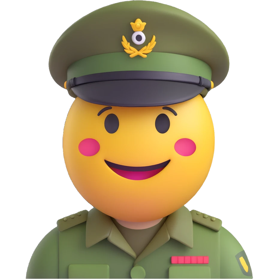 3D smiley emoji, round shape, soldier hat and camouflage uniform, smiling face emoji