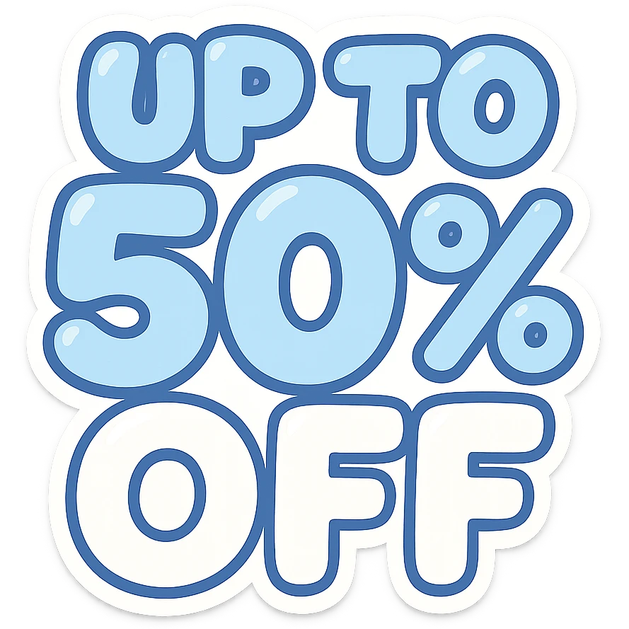 playful bubble letters text 'UP TO 50% OFF' in blue and white colors, no background emoji