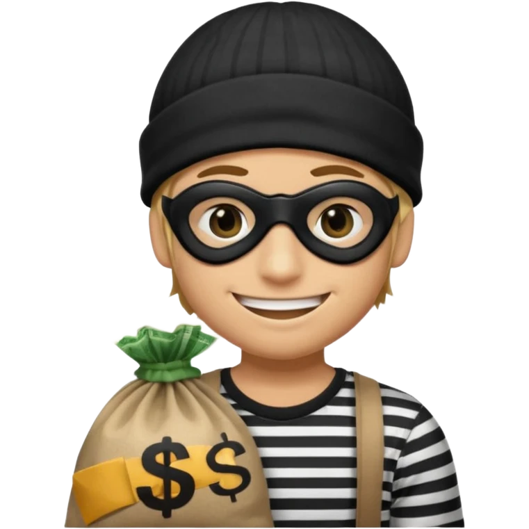 smiley robber wears black eye mask, black beanies and black and white stibes shirt with one brown money bag beside him emoji