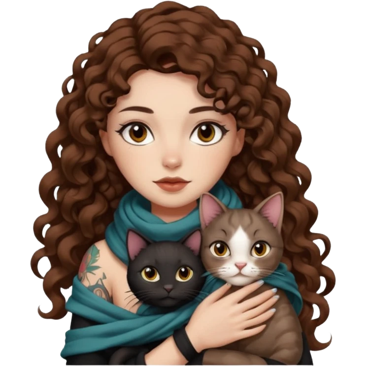 bust woman long curly brown hair brown eyes white skin tattoos with black cat wrapped around shoulders like scarf emoji