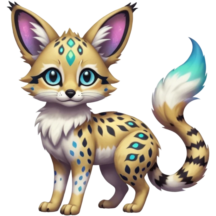 Rare iridescent white exotic epic aesthetic colorful Trico-Eevee-Serval-Genet-Civet-species-Fakemon-hybrid-creature, with intricate tattoo markings, full body emoji