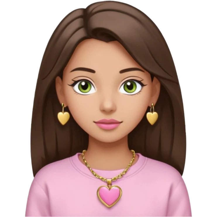 Create a teen girl wearing a light pink sweatshirt. She will have brunette hair, tan skin, pink lips, and grey-green eyes. She has long eyelashes. She is wearing gold stud earrings and a gold necklace with a heart-shaped pendant. emoji