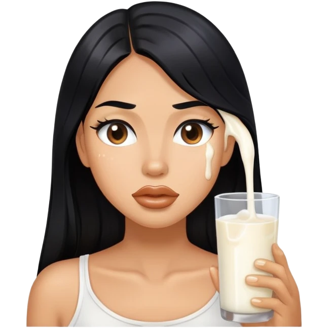 Milk dripping from tanned long black hair, lips sfw emoji