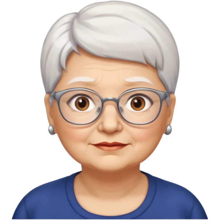 Create me emoji of an old mid-fat lady. Short white hair to left side. Square glasses. Brown eyes. No earings emoji