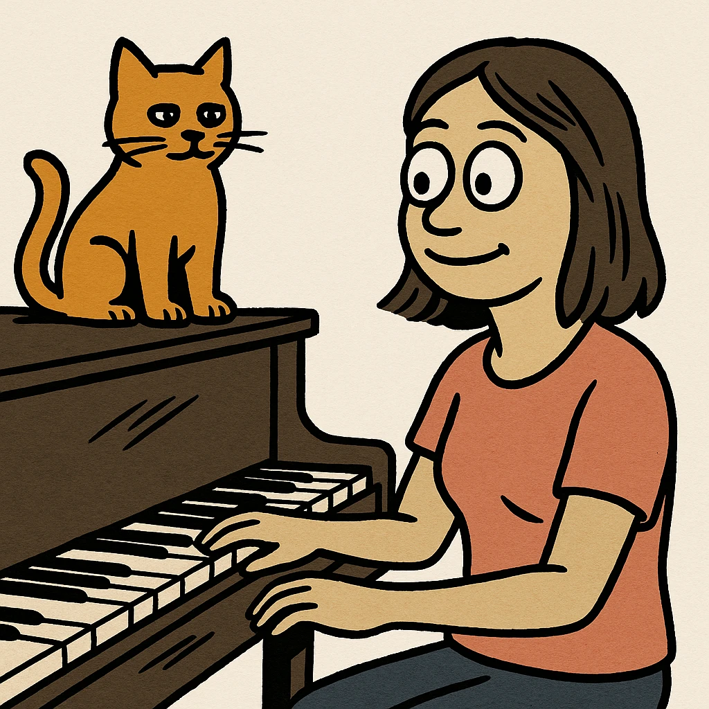 woman playing piano while her cat sits on top of the piano emoji