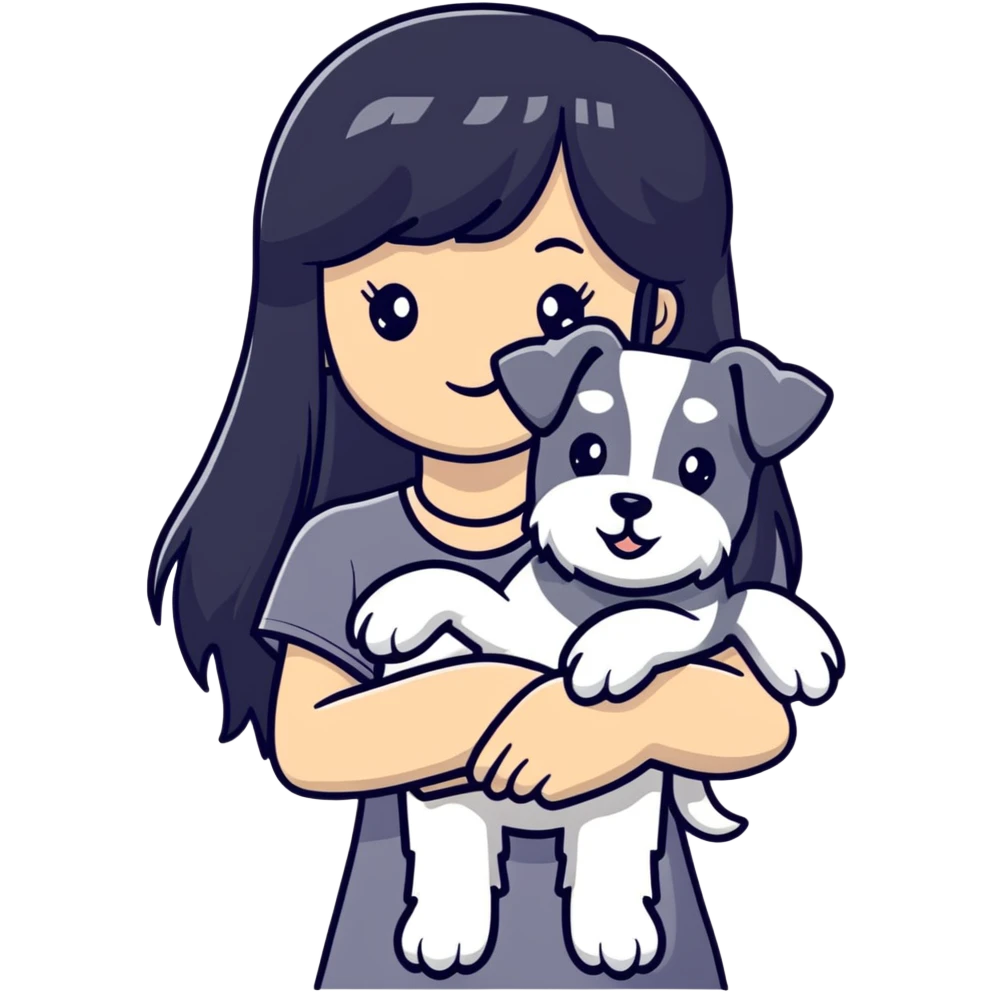 Girl with long black hair and bangs holding a white schnauzer dog emoji