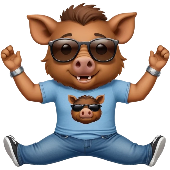 friendly anthropomorphised boar in jeans and a t-shirt, wearing dark sunglasses, stretching pose emoji