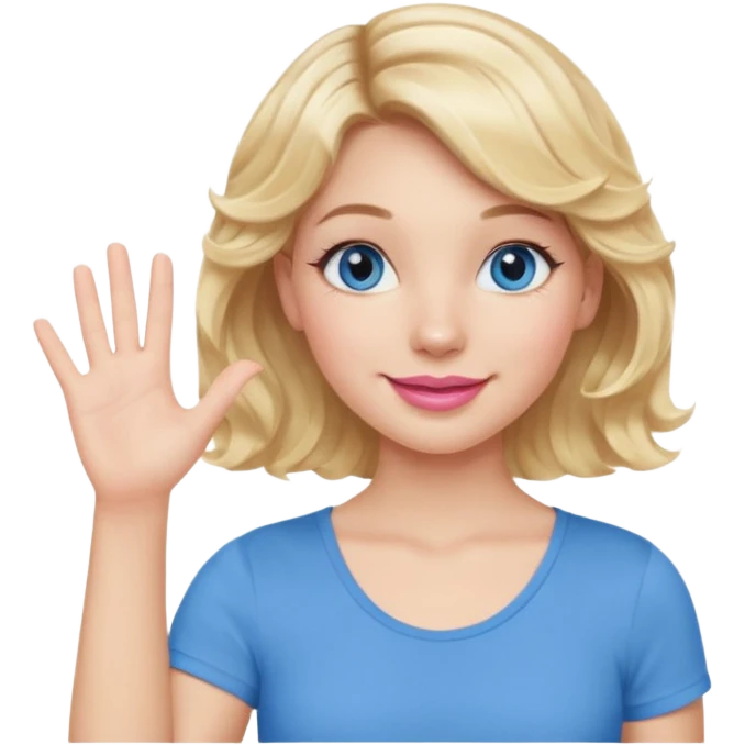 Girl Blonde short wavy hair,  blue eyes, cute blue top, long lashes, pink lips, smiling, one hand palm up emoji