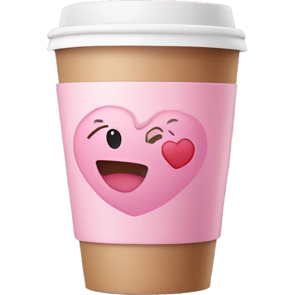 Pink disposable coffee cup with the word coffee on it and a heart emoji